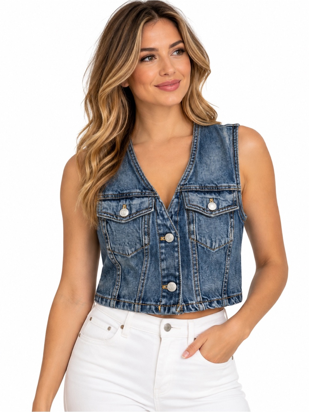 ZARA Womenโs Cropped Denim Vest Blue Jean Button Front Sleeveless Y2K Size Small